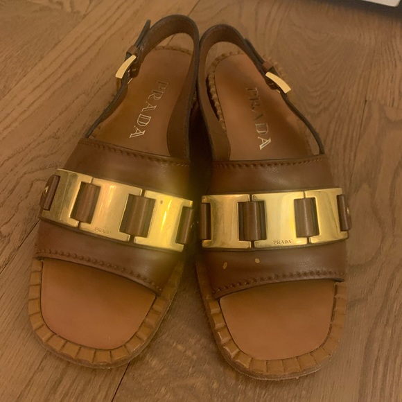 Prada Sandals in Brown Leather with Gold Hardware Detailing, Size 8 - Picture 3 of 7